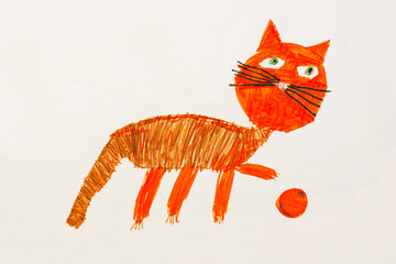 Red cat plays ball. Real drawing of a small child. Drawing by pencil.
