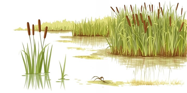 A watercolor painting of cattails growing in a marshy area with tall green grass around