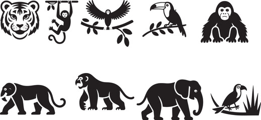 Naklejka premium Wildlife Silhouettes: Eagle, Toucan, Lion, and Elephant