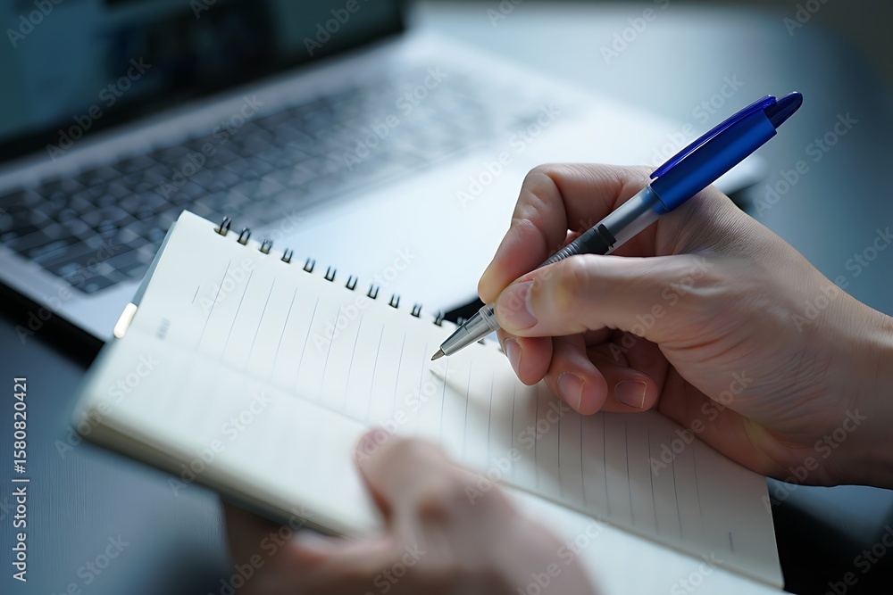 Poster close up of a person s hands writing in a notebook with a blue pen next to a blurred laptop computer