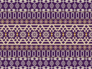 Geometric fabric patterns in tribal or ethnic style. The main color tones are dark purple and beige, which give a luxurious feel. It is popularly used in textiles, scarves, shawls, curtains, carpets