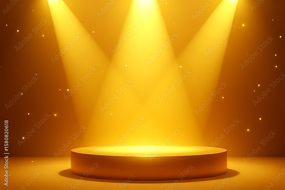 Poster illuminated golden stage with spotlights and floating particles for product display or presentation 