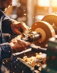 Close-up of a skilled craftsman shaping wood on a lathe, with wood shavings flying in a warmly lit workshop.