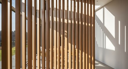 Obraz premium Light filtering through a wooden slatted wall in a modern interior.