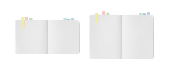 Overhead view of a white notebook with color-coded sticky notes, displaying two spreads: one rectangular and one square.