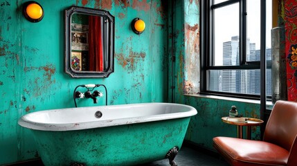 Vintage Teal Bathtub in Distressed Turquoise Bathroom with City View