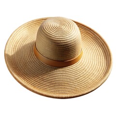 A stylish wide brimmed straw hat with a simple tan band is isolated on a clean white background