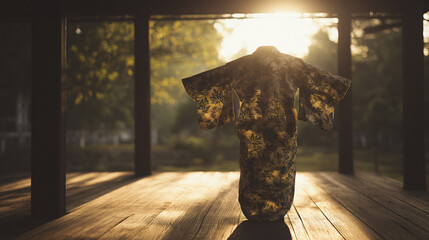 Kimono sleeve with dance patterns draped on a wooden veranda in golden sunset light.