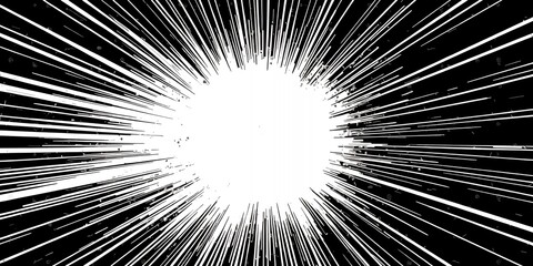 Abstract black and white radial burst with a bright center emanating outwards lines