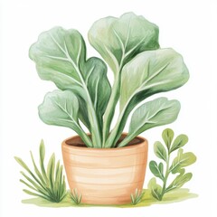 Watercolor Green Plant in Terracotta Pot with Greenery