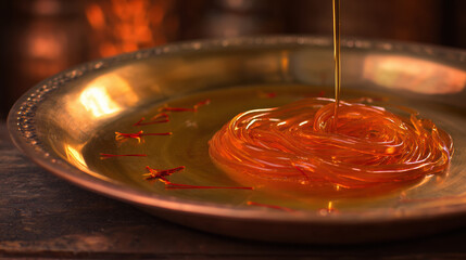 Close-up of golden jalebi dessert with saffron strands, evoking festive indulgence for India's Independence Day.