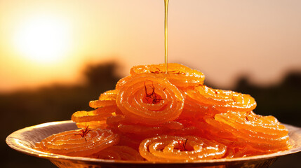 Close-up of golden jalebi dessert with saffron strands, evoking festive indulgence for India's Independence Day.