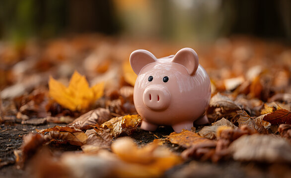 Piggy bank sitting on a fall leaf background, savings