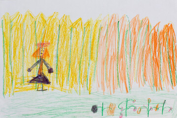 Real drawing of a small child. A girl walking along a fence. Drawing by pencils.