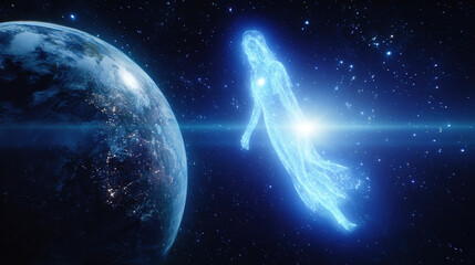 A time-lapse of Earth from space with a fading human silhouette, symbolizing a historic cosmic moment.