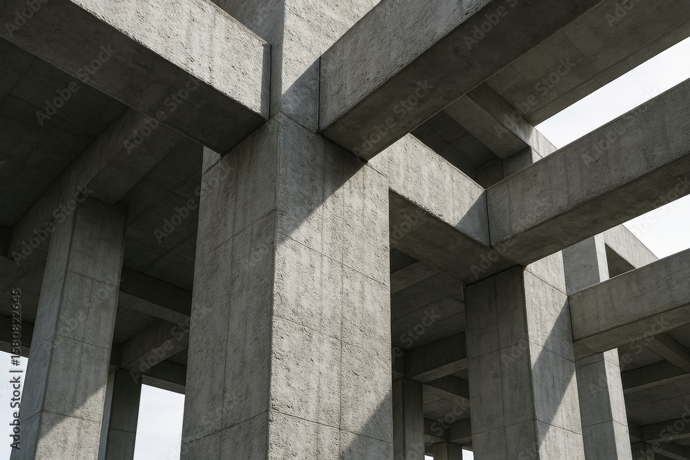 Poster concrete structure shows architectural design with light and shadow play forming geometric patterns,