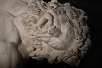 A detailed view of a majestic lion statue's face and mane