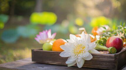 White lotus flowers and seasonal fruits arranged elegantly on a wooden tray, surrounded by soft sunlight.