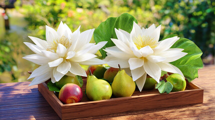 White lotus flowers and seasonal fruits arranged elegantly on a wooden tray, surrounded by soft sunlight.