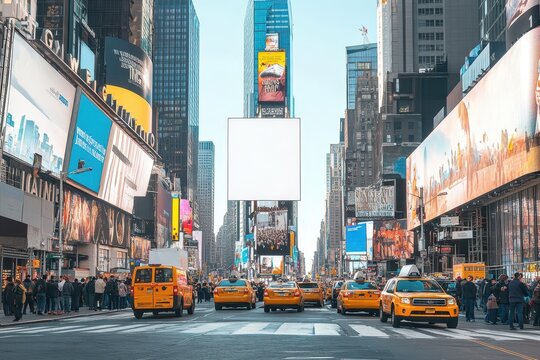 Billboard city vibes in Times Square New York street view with clean white billboard mockup, blank urban board in vibrant commercial zone surrounded by skyscrapers, lights, and people