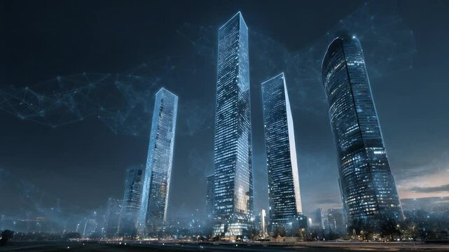 Night Cityscape: Skyscrapers and Digital Network