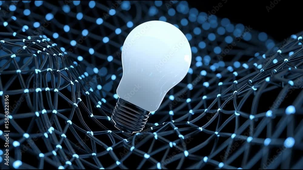 Aufkleber exploring innovative designs with a glowing light bulb floating over a digital network