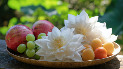 White lotus flowers and seasonal fruits arranged elegantly on a wooden tray, surrounded by soft sunlight.