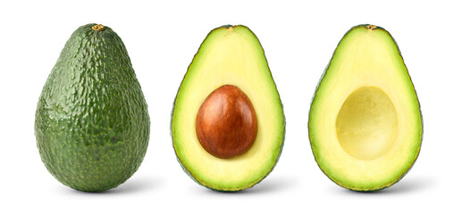 Whole and halved avocado isolated on white background.