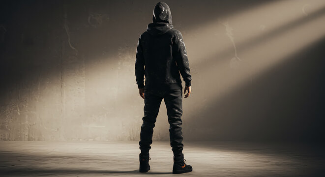 Anonymous Figure Standing in Light A Study in Isolation and Intrigue, person in a dark suit with hood looks like a spy