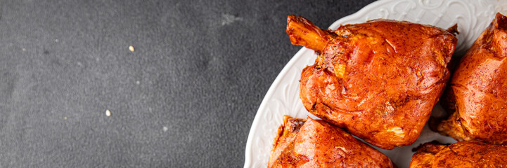 Knuckle smoked meat cooked ham roulka fresh shank delicious gourmet food background on the table rustic food top view copy space