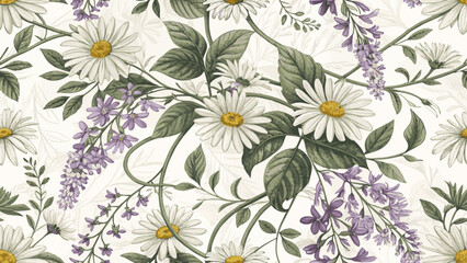 Vector illustration of Petrea volubilis and daisy flowers seamless pattern for printing on fabric or wallpaper.