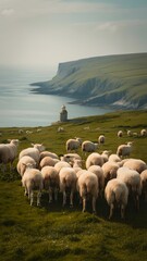 A group of sheep on a hill by the water