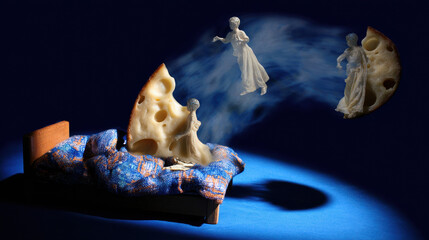 A Swiss cheese moon floating above a bed, with shadowy dream figures emerging from its holes.