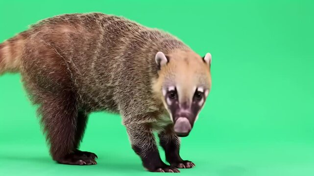 Curious Brown-Nosed Coati with Tongue Out on Vibrant Green Background, Studio Shot