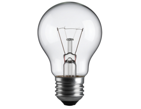 Transparent glass light bulb with filament, isolated on a transparent background