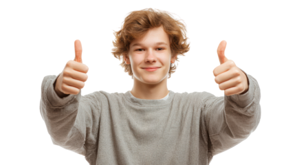 Cheerful young man giving thumbs up gesture with a smile, isolated on white background.