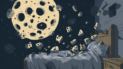 A Swiss cheese moon floating above a bed, with shadowy dream figures emerging from its holes.