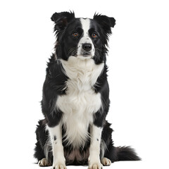 Border Collie dog sits attentively facing forward, showcasing its black and white fur pattern against a plain background.