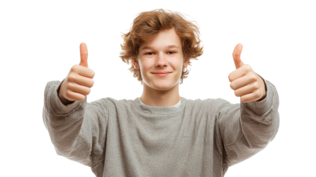 Cheerful young man giving thumbs up gesture with a smile, isolated on white background.