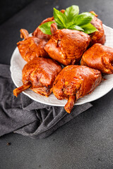 Knuckle smoked meat cooked ham roulka fresh shank delicious gourmet food background on the table rustic food top view copy space