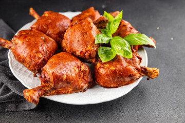 Knuckle smoked meat cooked ham roulka fresh shank delicious gourmet food background on the table rustic food top view copy space