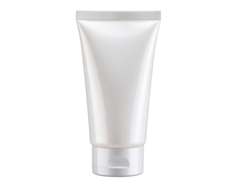 Minimalist white cosmetic squeeze tube with shiny cap, front view isolated on transparent background PNG