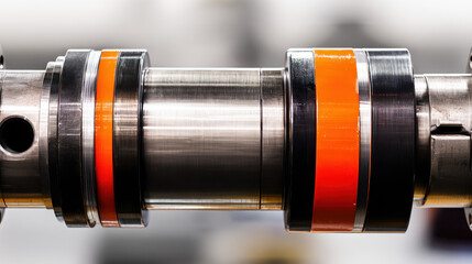 A close-up view of industrial machinery with metallic textures and orange safety details.