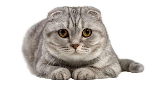 Close-up of a Scottish Fold cat resting, showcasing its distinct round face and expressive eyes against a white background.