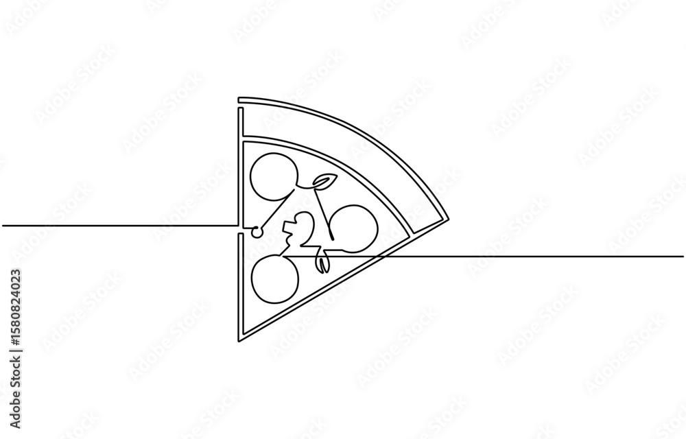 Fototapete pizza slice continuous line. continuous one line drawing of pizza, hand drawn symbol vector illustra