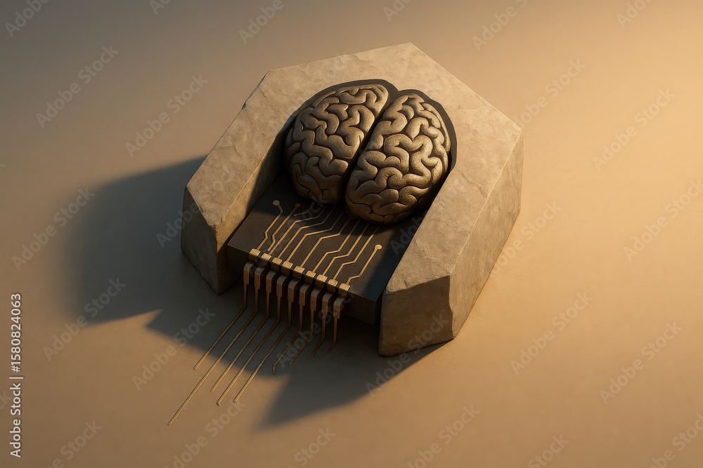 Poster artificial intelligence concept, brain and computer chip combination shows advanced technology on a 