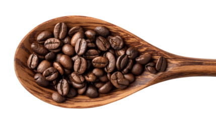 Coffee beans in a wooden spoon on a white background.