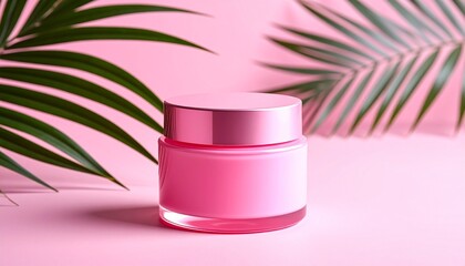 Pink Moisturizer Jar with Palm Leaf on Pink Background