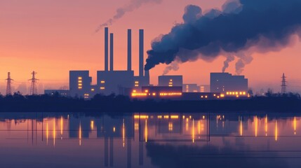 Obraz premium Industrial Sunset with Factory and Reflections on Water