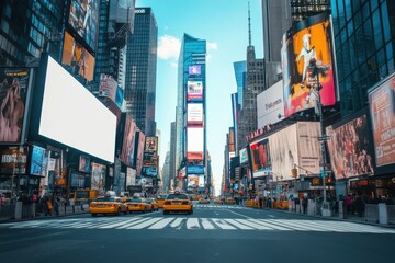 Urban New York City scene with white billboard mockup on Times Square street, blank advertising display for marketing design